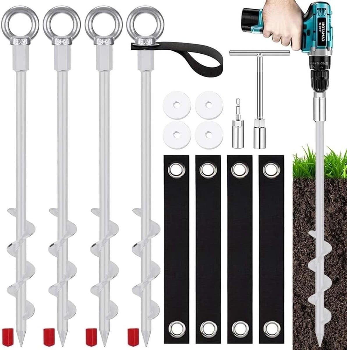 Grondanker - Metaal - 36 cm - Schroefharingen met Lusband voor Camping en Tentbevestiging — afbeelding 1