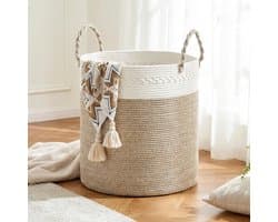 Ronde wasmand, 64 l, van katoenen touw, wasmand en opbergmand met handgrepen, voor vuile was, speelgoed en dekens, slaapkamer en wasruimte, 40 x 25,5 cm, wit en kaki