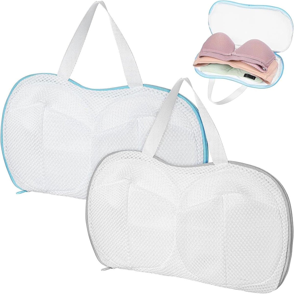 Waszakken voor beha's en ondergoed - 2 stuks, net voor de wasmachine, 30 x 15 cm, ideaal voor delicate kleding en wasbescherming, grijs en blauw — afbeelding 1