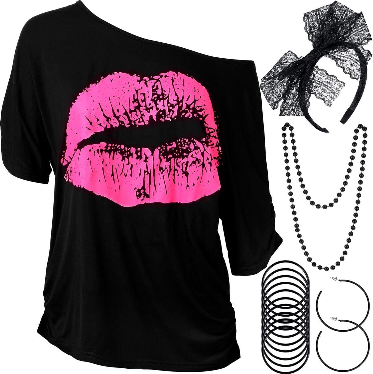 jaren 80 Kostuum Accessoires Set, Lips Print T-Shirt Kant Hoofdband Oorbellen Ketting Armband voor 80s Thema Party (Zwart, XXXL) — afbeelding 1