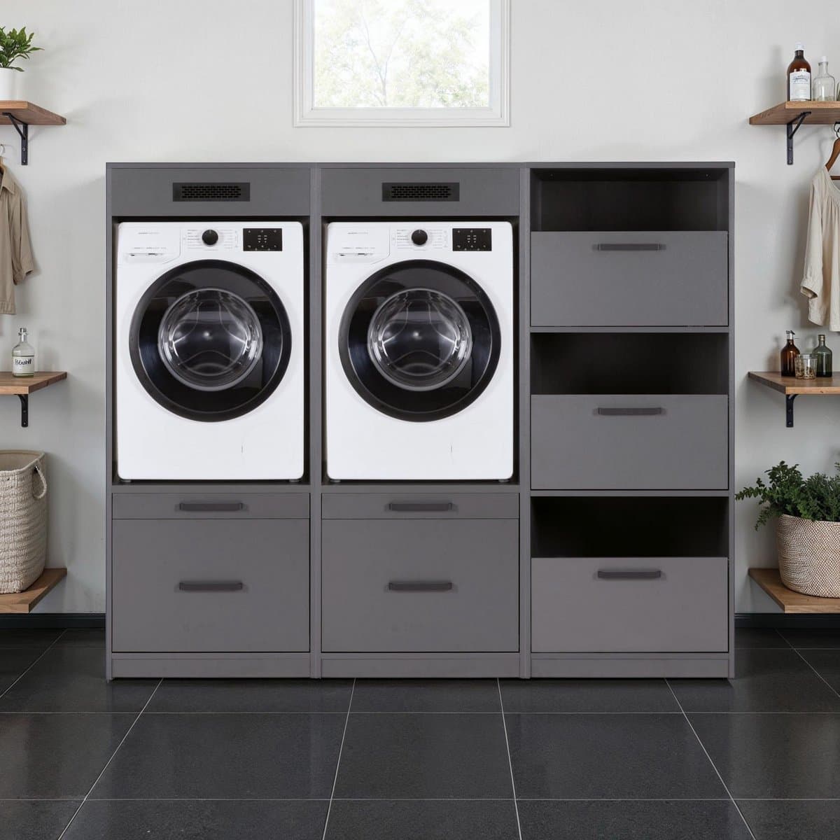 Interlink Lifestyle Studio Flow wasruimtecombinatie Bundel 1 antraciet - Complete wasruimte met 3 elementen - 2 wasmachinekasten en wasmandkast - Softclose - 201 x 68 x 164 cm — afbeelding 1