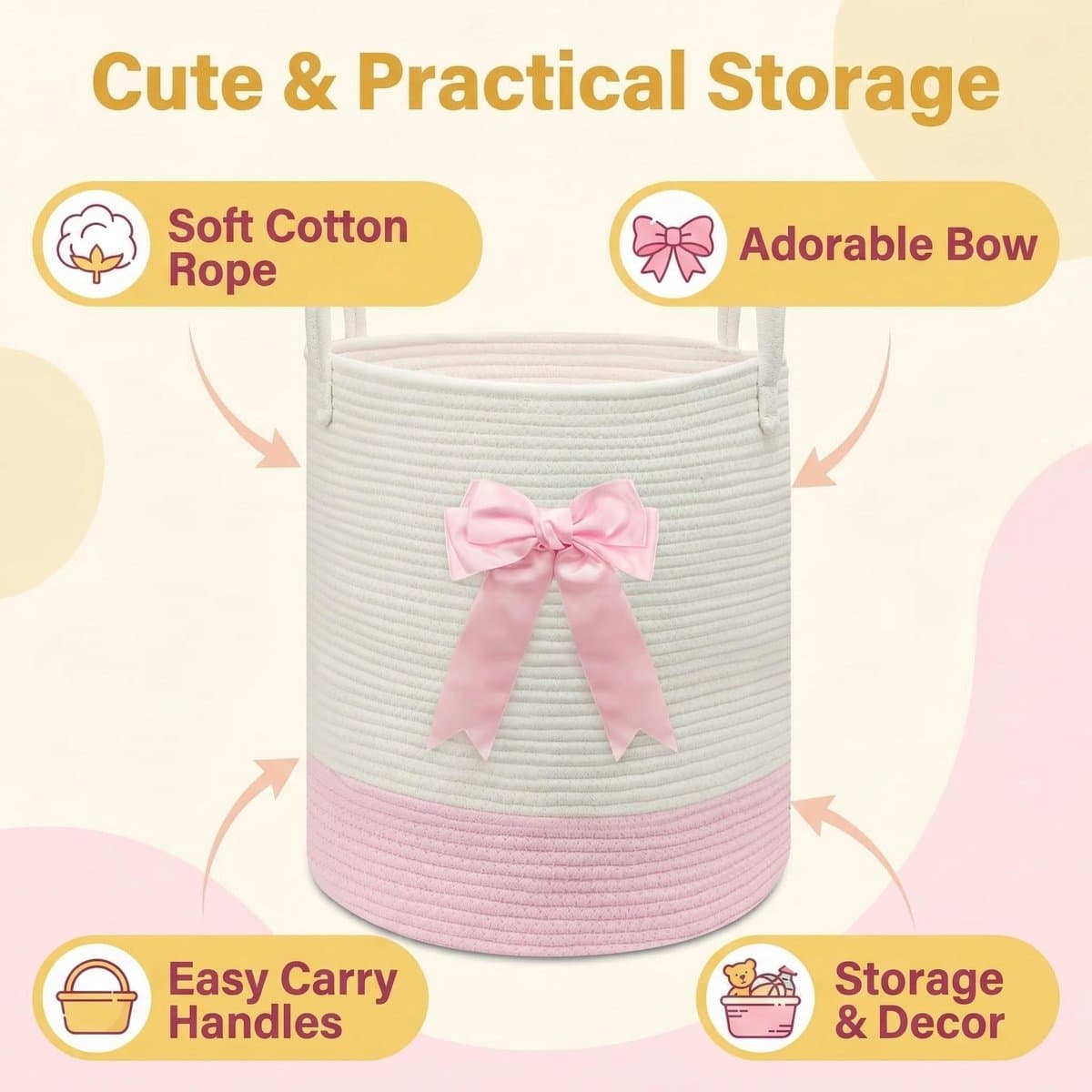 SnelShoppen - Roze Wasmand met Strik, Geweven Touw Speelgoedopbergmand voor Kinderen, Baby Kleding Mand, Kinderkamer en Badkamer Dekens Organizer Deco — afbeelding 1