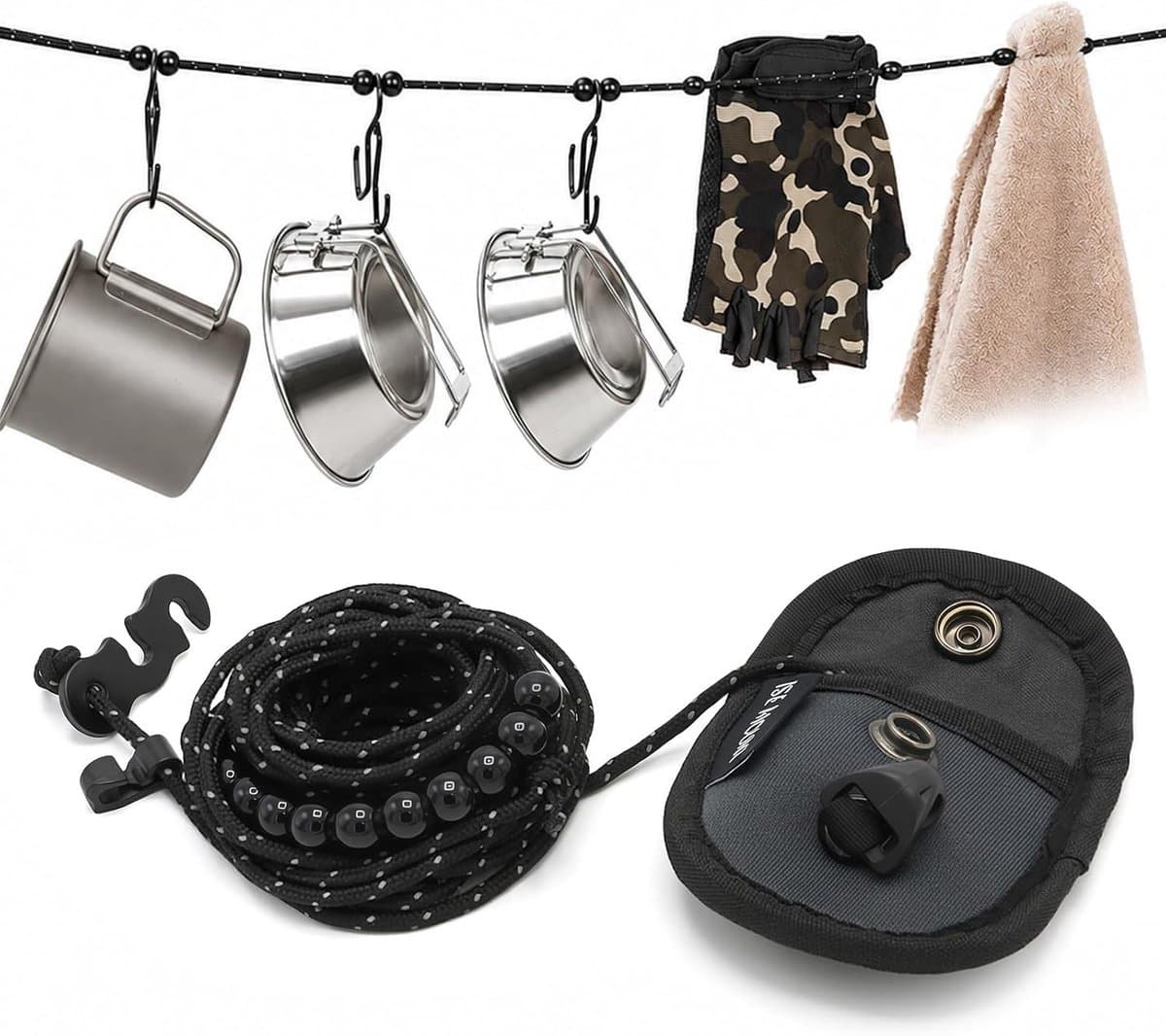 Waslijn uittrekbaar - Zwart - 3 m - Reflecterend Paracord met 12 Winddichte Klemmen - Voor Reizen en Outdoor — afbeelding 1