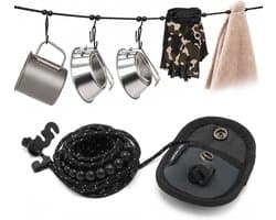 Waslijn uittrekbaar - Zwart - 3 m - Reflecterend Paracord met 12 Winddichte Klemmen - Voor Reizen en Outdoor