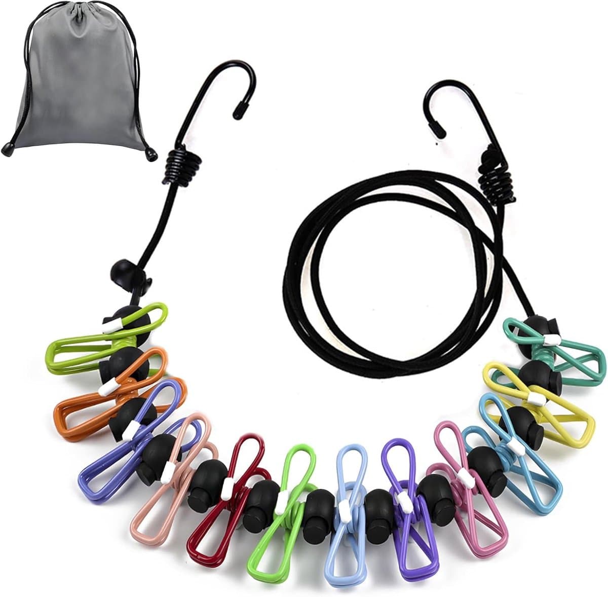 Waslijn uittrekbaar - Veelkleurig - 180-300 cm - Elastische Waslijn met 12 Klemmen - Voor Reizen en Camping — afbeelding 1