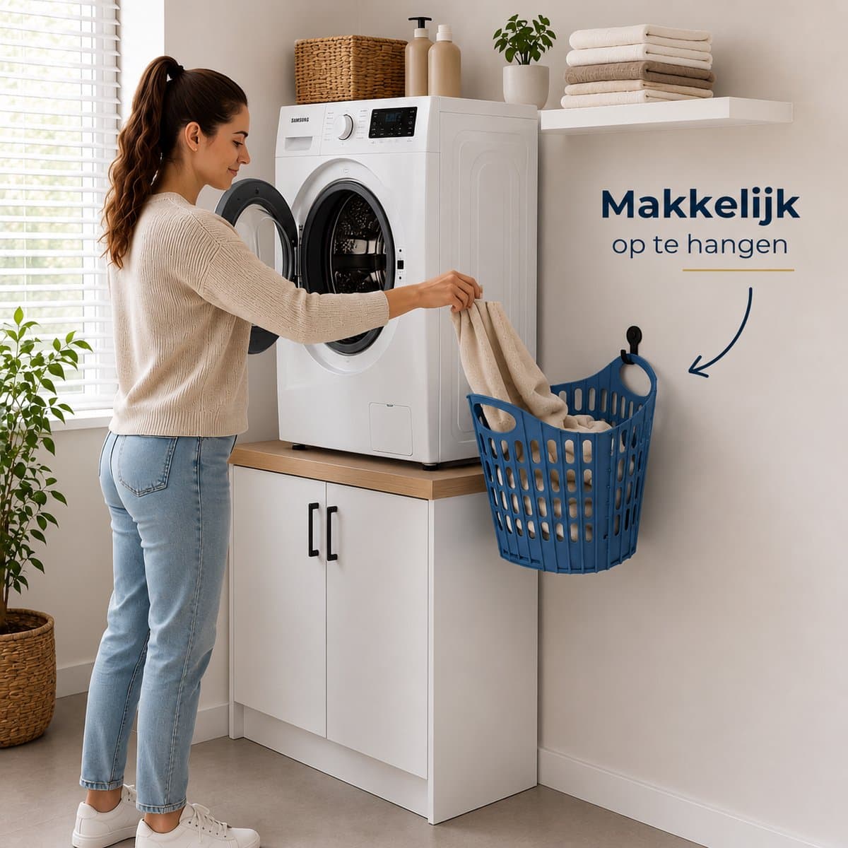 Opvouwbare Wasmand Blauw - 18 Liter - Inklapbare Kunststof Wasmand met Handgrepen - Ventilerend en Ruimtebesparend - Ophangbare Wasgoedmand — afbeelding 1