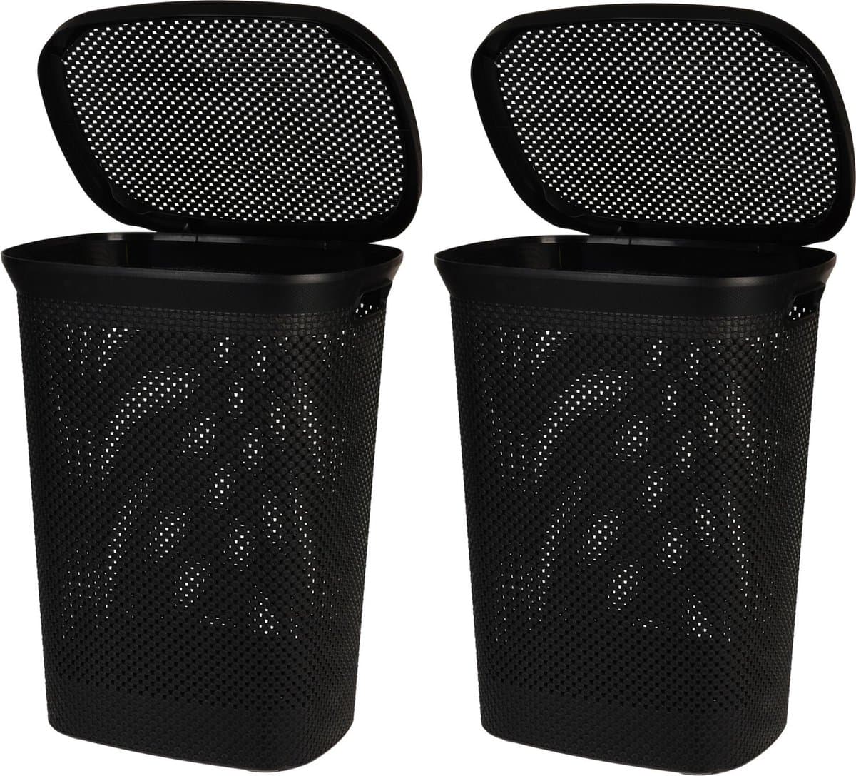 Bathroom Solutions Wasmand - Set van 2x stuks - zwart - 60 liter - 37 x 46 x 60 cm - met deksel — afbeelding 1