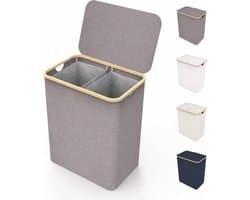 Dubbele wasmand met deksel en twee uitneembare waszakken grijs – extra grote wasmand van bamboe – XXL waszak – 150 l – 57 x 37 x 71 cm