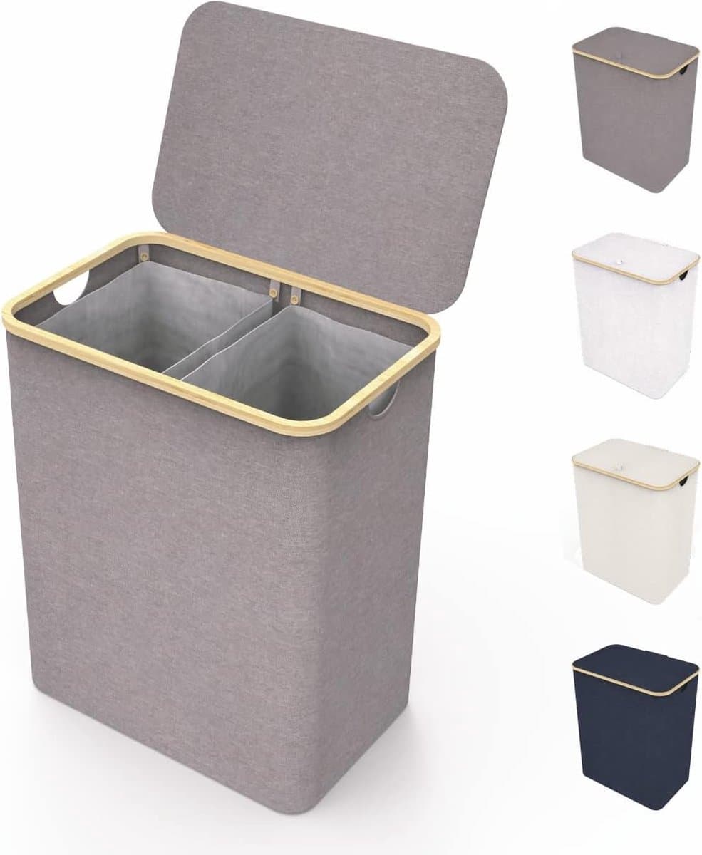 Dubbele wasmand met deksel en twee uitneembare waszakken grijs – extra grote wasmand van bamboe – XXL waszak – 150 l – 57 x 37 x 71 cm — afbeelding 1