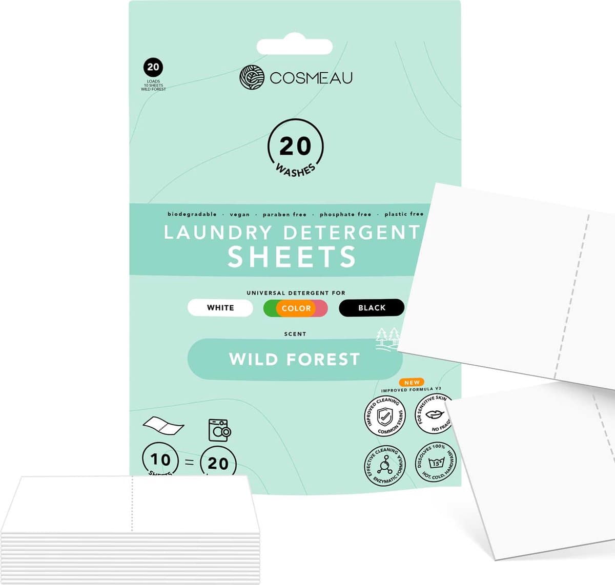 Cosmeau G5 Wasmiddel Wasstrips 20 Wasbeurten - Wilde Bossen Wild Forest - Wasvellen - Wasmiddeldoekjes - Detergent Sheets - Wasdoekjes — afbeelding 1