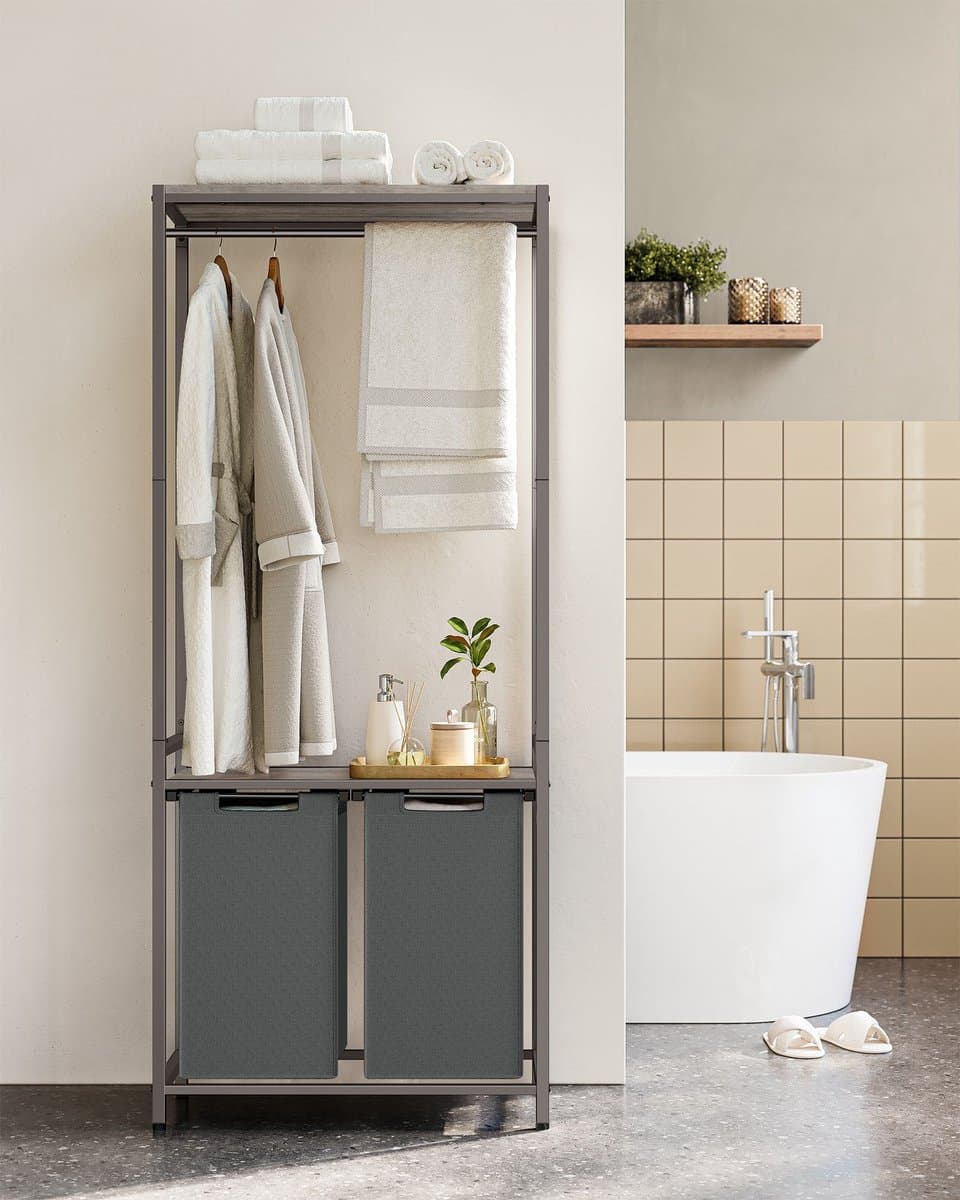 Wassorteerder - Wasmand - 2-delige wasmand met 2 planken - Was Sorteerder uittrekbare en uitneembare voeringen - kledingrek - 2 x 46 l - Grijs en zwart - 73 x 33 x 179 cm — afbeelding 1