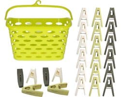 Wasknijpers ophangmandje met haak - groen - en 80x gekleurde wasknijpers van 6 cm - was ophangen