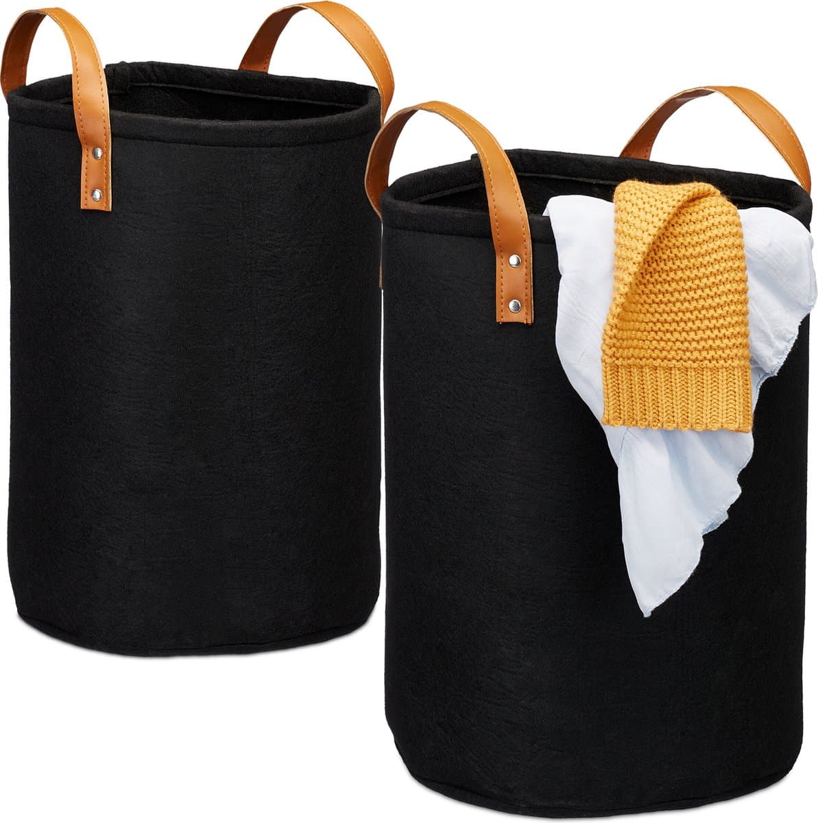 wasmand vilt - 28 liter - kunstlederen handgrepen - opvouwbaar - draagbaar - zwart — afbeelding 1
