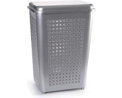 Plasticforte Wasmand met deksel - 50 liter - zilverkleurig - kunststof - 41x31x61 cm