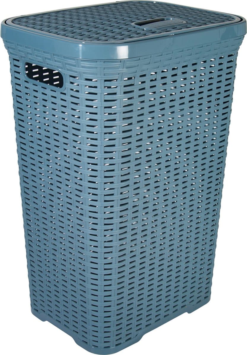 Hega Hogar Wasmand met deksel Rotan - denim blauw - gevlochten kunststof - 60 liter - 34 x 43 x 62 cm — afbeelding 1