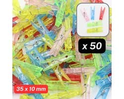 50 Stuks MINI KUNSTSTOF WASKNIJPERS, Lengte 3,5CM, Kan ook Gebruikt worden om Foto's/Kerstkaarten/Feestartikelen aan op te Hangen,MIX KLEUREN TRANSPARANT