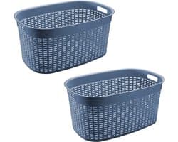 Hega Hogar Rotan line wasmand - 2x - blauw - inhoud 44 liter - kunststof - 58 x 39 x 27 cm