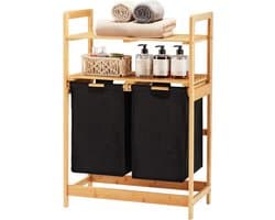 Allecto Premium - Bamboe Wasmand met 2 Planken en Uittrekbare Waszakken - Voor Slaapkamer, Badkamer en Waskeuken - 93 x 64 x 33 cm Zwart