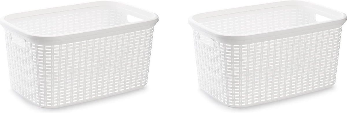Plasticforte Wasmand - 2x stuks - 35 liter - rotan - wit - kunststof - 53 x 36 x 26 cm — afbeelding 1