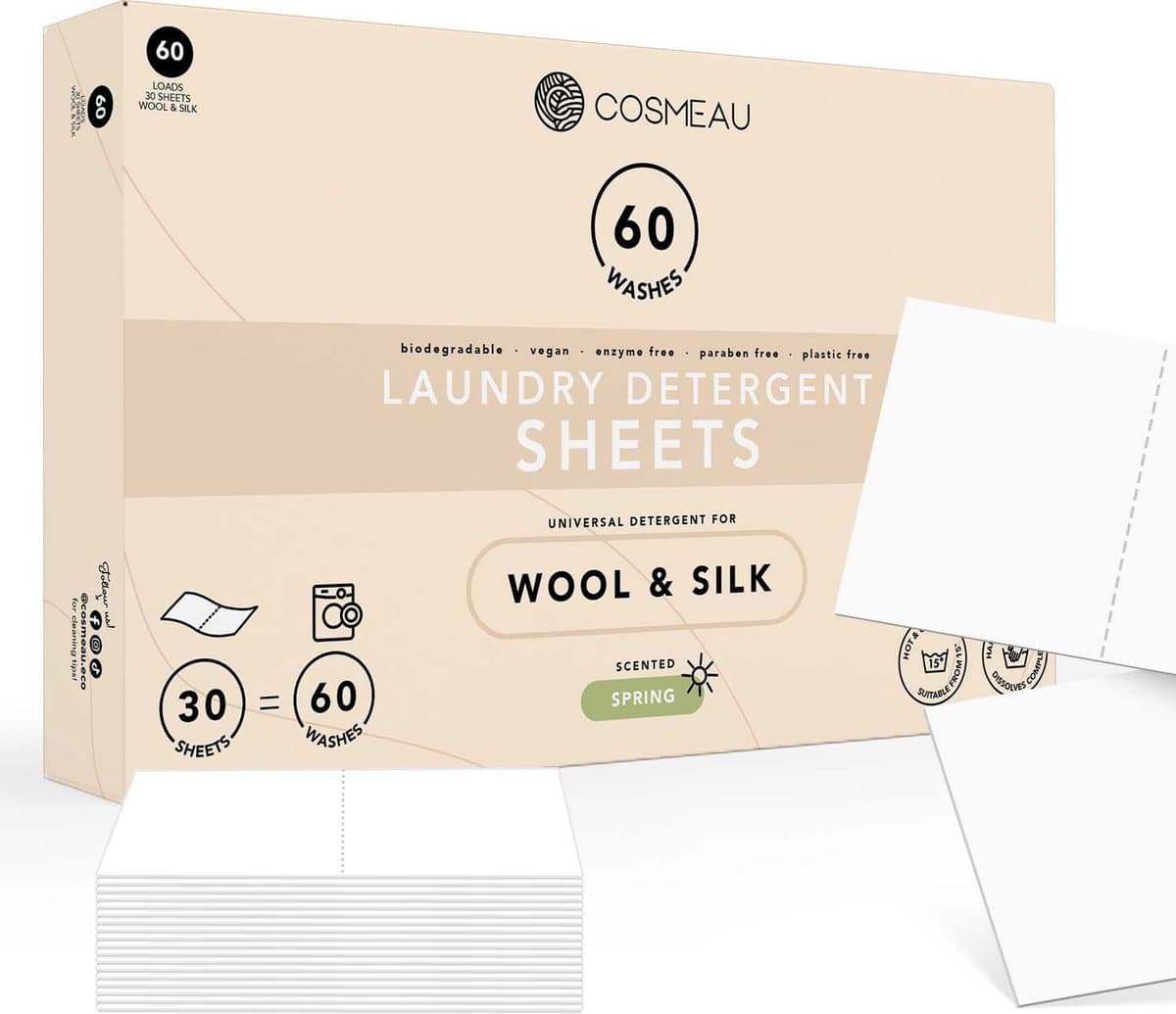 Cosmeau Wasmiddel Wasstrips 60 Wasbeurten Wol en Zijde - Delicaat - Wasvellen - Wasmiddeldoekjes - Detergent Sheets - Wasdoekjes — afbeelding 1
