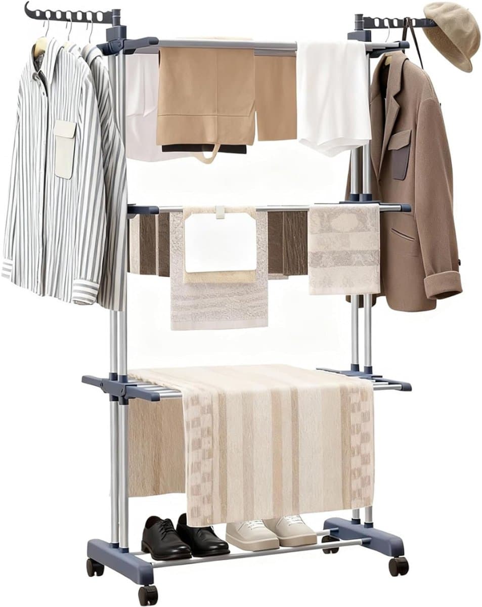 HEZIVO® Droogtoren met Wieltjes - Wasrek Staand - Inklapbaar Droogrek - 4-Laags - RVS - Grijs — afbeelding 1