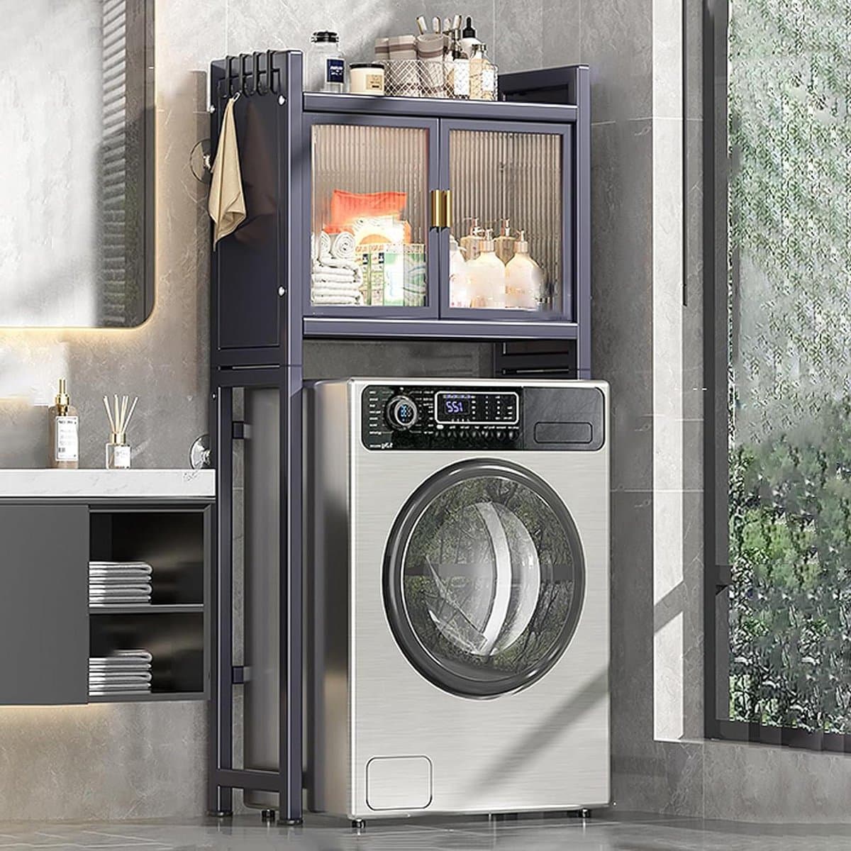 Opbergrek boven de wasmachine, ruimtebesparend opbergrek voor wasmachine en droger, robuust rek, verstelbare antislipvoetjes, ruimtebesparend, met zijhaken, voor de badkamer — afbeelding 1
