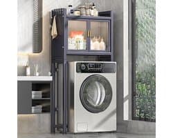 Opbergrek boven de wasmachine, ruimtebesparend opbergrek voor wasmachine en droger, robuust rek, verstelbare antislipvoetjes, ruimtebesparend, met zijhaken, voor de badkamer