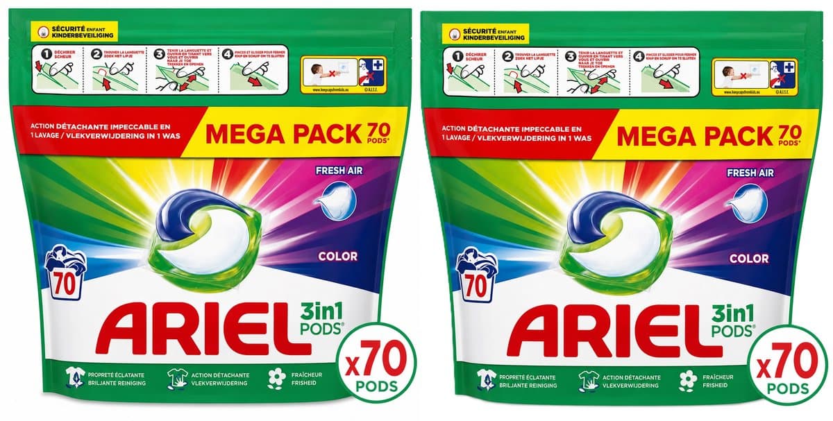 Ariel 3in1 Pods Color Fresh Air Wascapsules – 2 x 70 Pods – 140 Wasbeurten – Voordeelverpakking — afbeelding 1