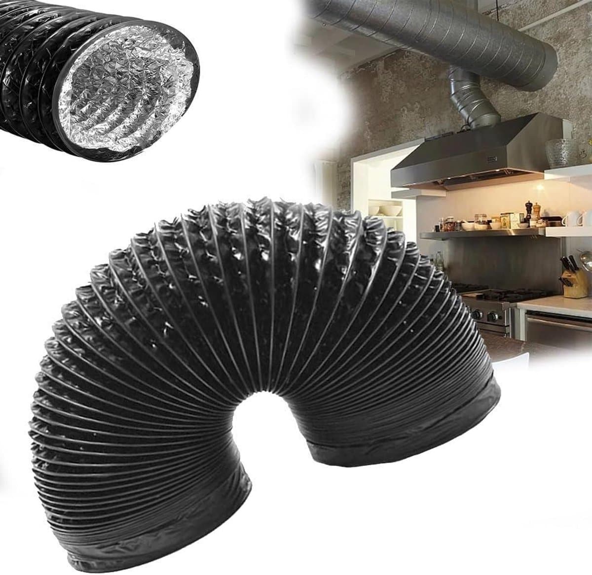 Droger Vent Slang - Afzuigslang Ventilatie - Luchtstroom Verbeteren - Flexibel Aluminiumfolie - 5 meter 200mm - Zwart — afbeelding 1