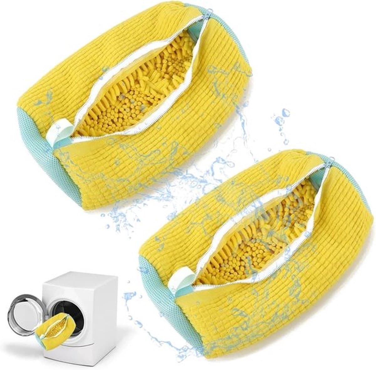 2 stuks schoenentassen voor de wasmachine - Mesh waszak voor sneakers, herbruikbare waszak voor schoenen, verborgen rits, waszak voor sneakers, tennisschoenen en slippers van vezels, geel — afbeelding 1