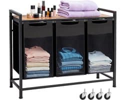 Drievoudige Wasmand 114L – 3 Wasmanden Naast Elkaar Met Metalen Frame en Opbergplank 93×33×72 cm – Wasgoed Organizer