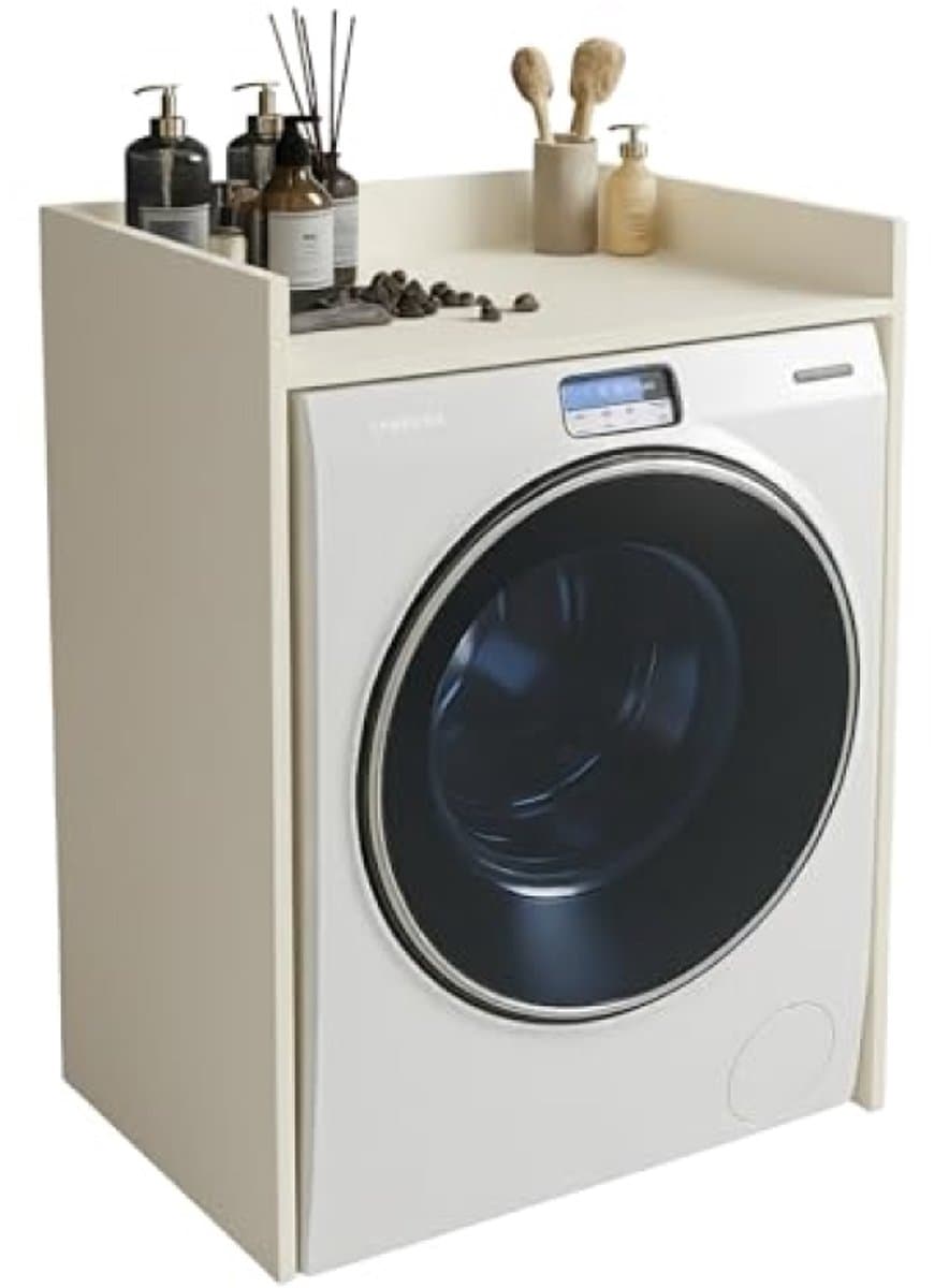 Geluidsarme wasmachinekast met extra plank - Zelfstandig meubel zonder boren - Kasjmier Beige — afbeelding 1