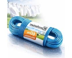 Waslijn met stalen kern - Drooglijn buiten - Was drogen - Antislip nylon oppervlak - 60 meter - Azuurblauw