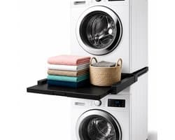 Tussenstuk voor Wasmachine & Droger - Extra stevig - Stapelkit - Met uitschuifbare plank - Universeel - Droogkast - Meubel - incl. trildempers en spanband - Skoov