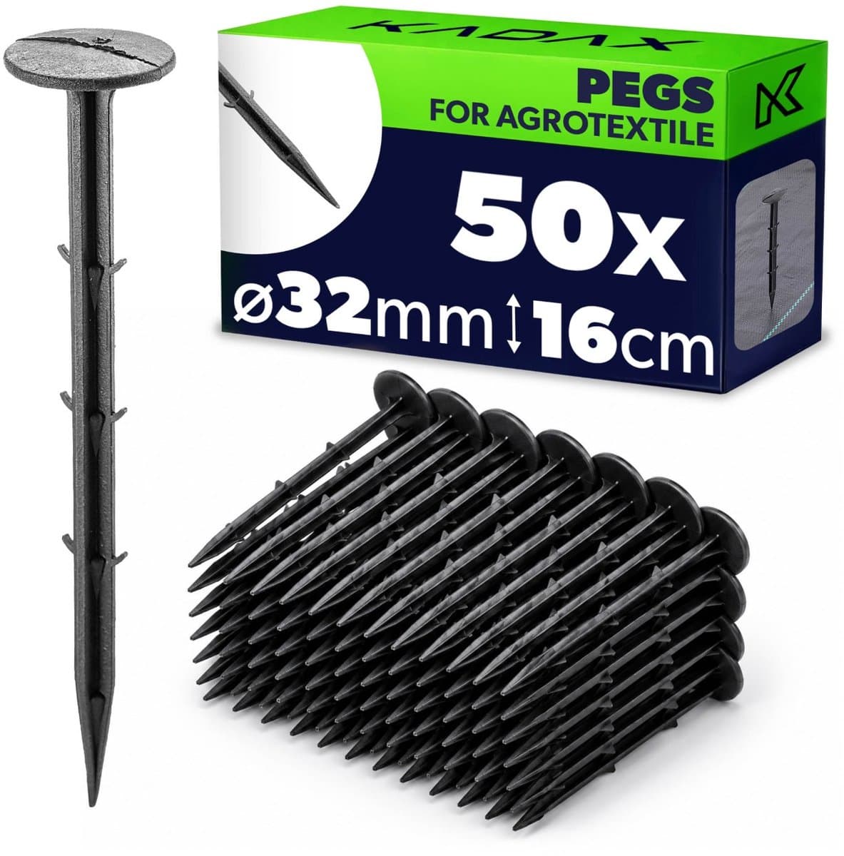 KADAX 50 stuks kunststof grondpennen – 16 cm lange grondankers met een kopdiameter van 32 mm – grondankers voor het bevestigen van tuinvlies en onkruidvlies in de tuin — afbeelding 1