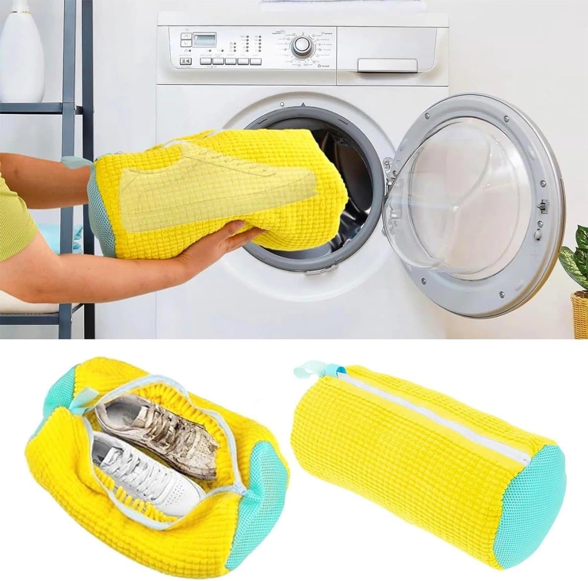 Set van 2 Schoenwaszakken voor de Wasmachine, 360° Reiniging, Multi-Laundry Tas voor Sneakers en Sportschoenen, Geschikt voor Wasmachine en Droger met Reinigingsfleece (Geel) — afbeelding 1