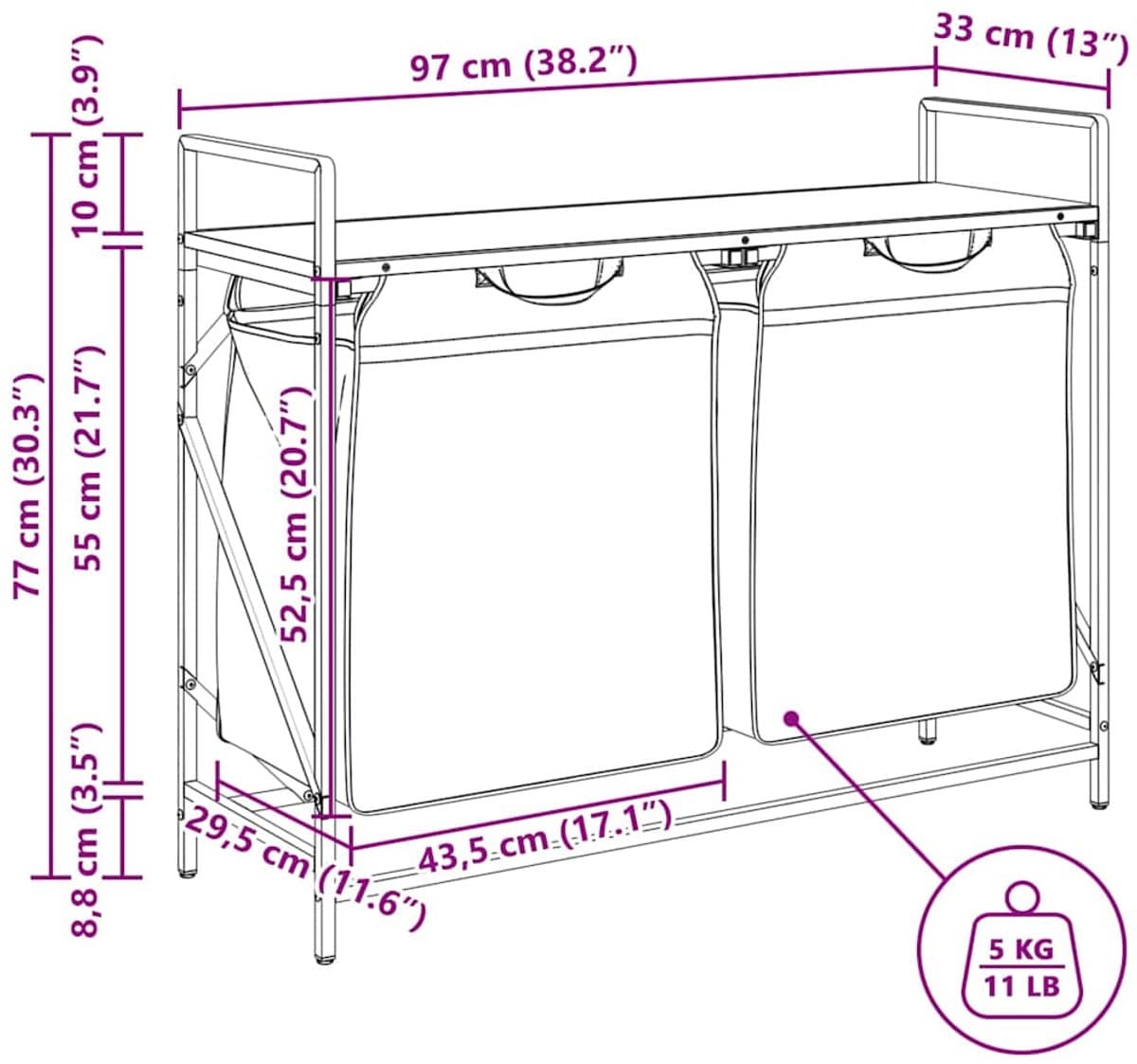 vidaXL - Wasmand - 2 - vakken - met - plank - grijs - sonoma - eiken — afbeelding 1