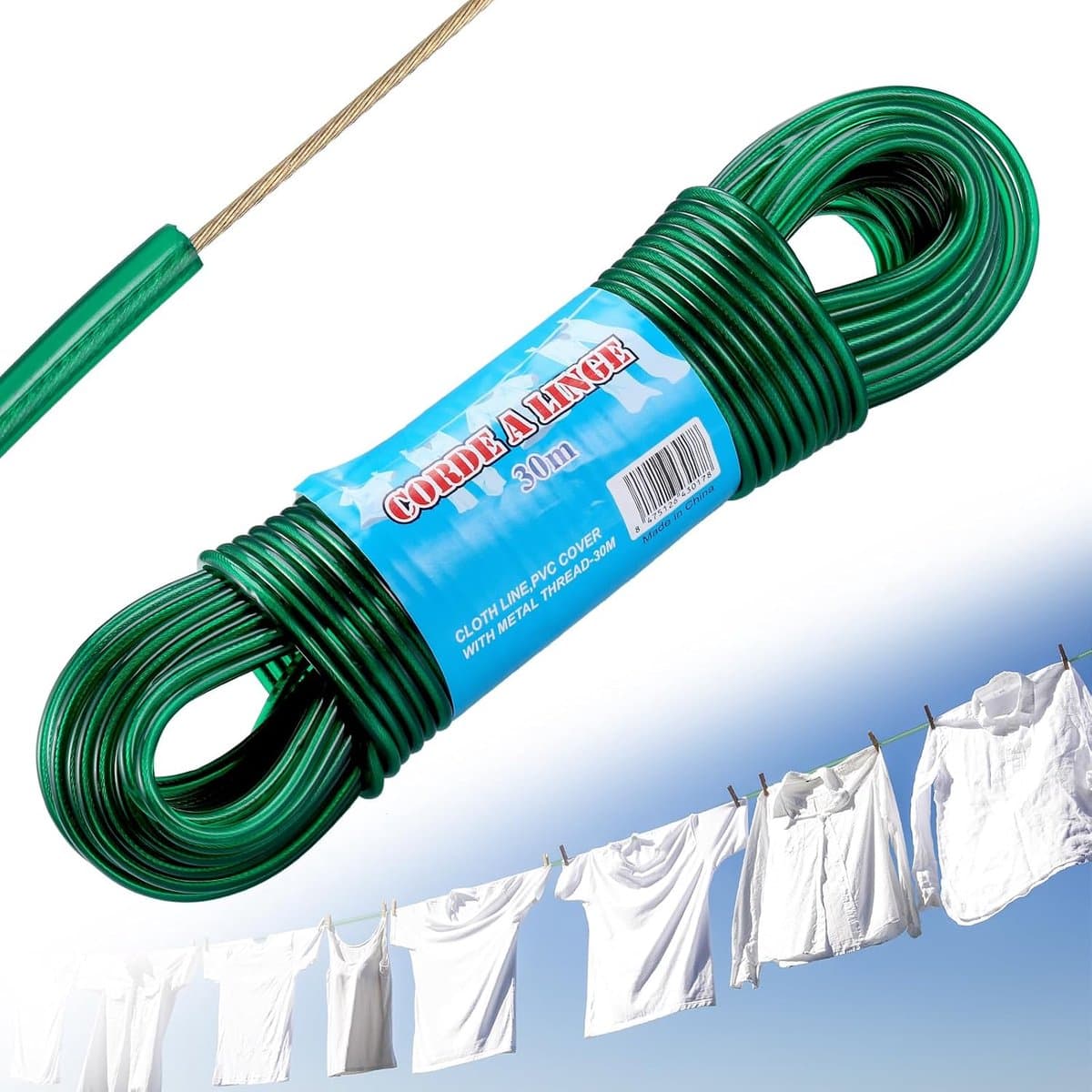 30 m waslijn touw, zware waslijn stalen kern, sterke draad 4 mm dia waslijnen, lange waslijnen voor buiten tuin, roestvrije en waterdichte zware waslijn (Groen) — afbeelding 1