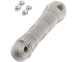 Waslijn met stalen kern, 30 m, waslijn voor buiten met 2 stuks spanners, extra sterk voor balkon en tuin, draagvermogen van 120 kg