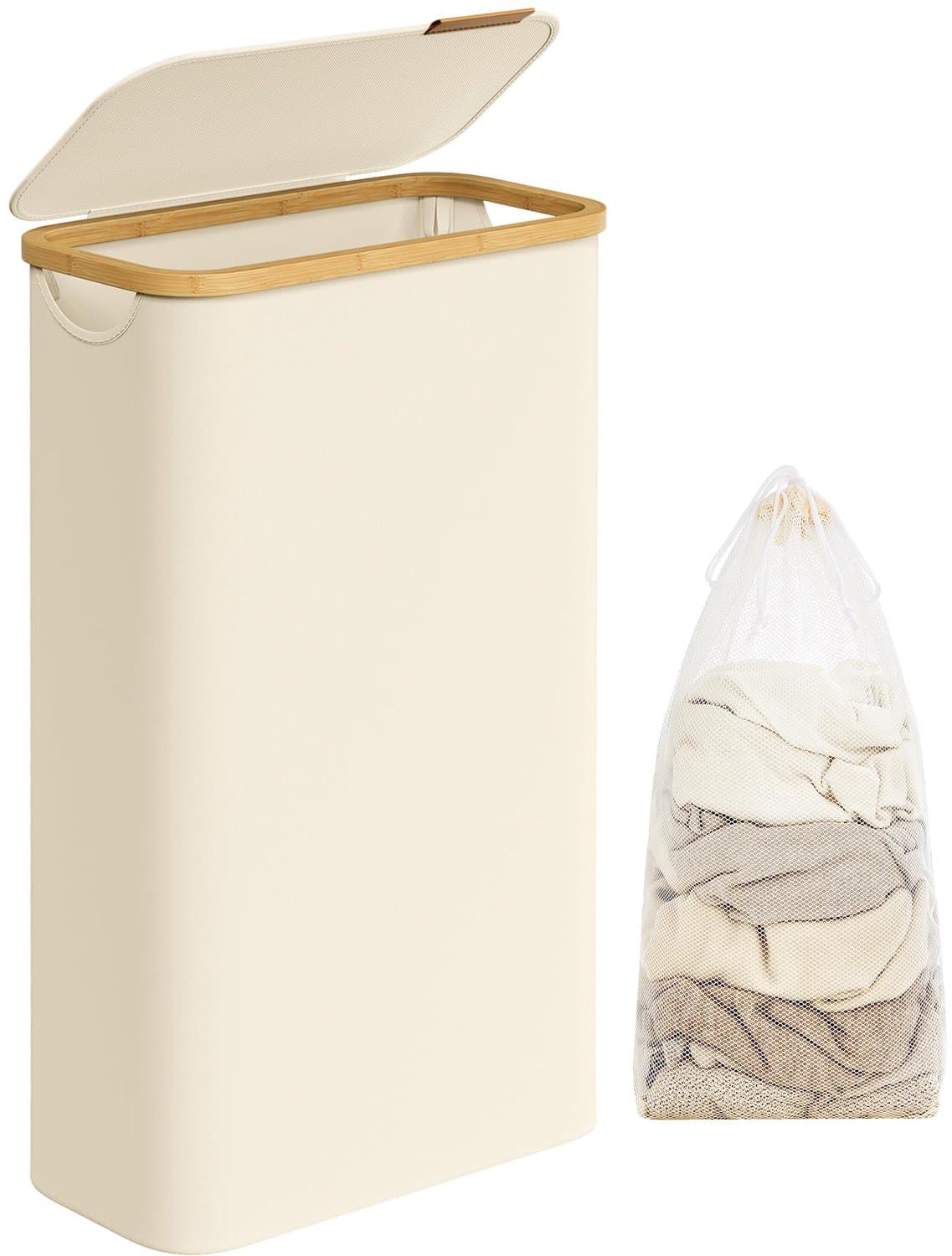 Wasmand 65 liter inklapbaar met deksel wasmand voor wasgoed smal design waterafstotend bamboe handvat — afbeelding 1