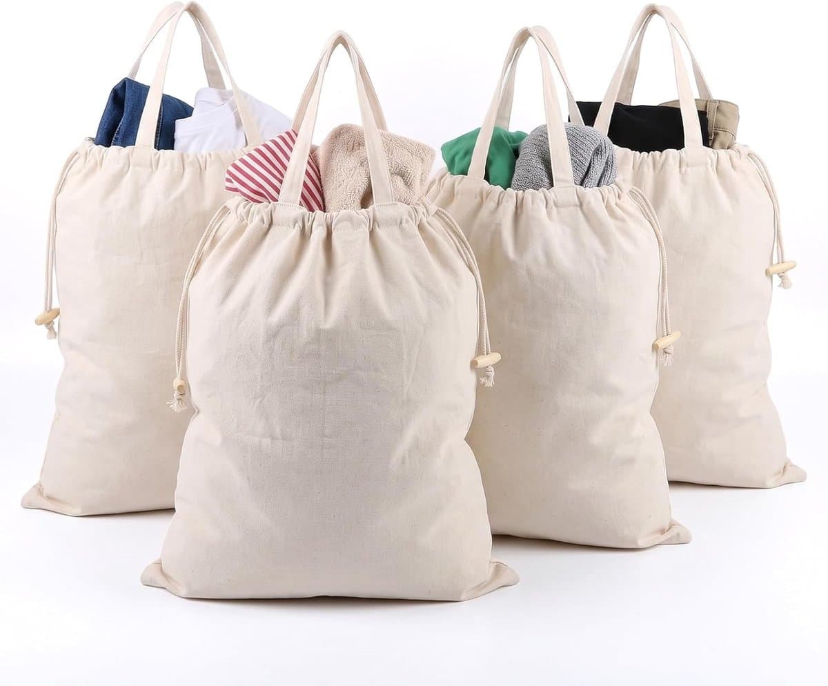 Waszakken van katoen met handvat en trekkoord - 4 stuks, 50 x 70 cm, ideaal voor wasgoed en delicaat textiel — afbeelding 1