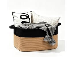 Gevlochten, 50 l, opbergmand met handgrepen, wasverzamelaar, handgemaakt, mand opslag voor dekens, speelgoed, knuffeldieren, kleding, 46 x 36 x 30 cm, zwart + kaki