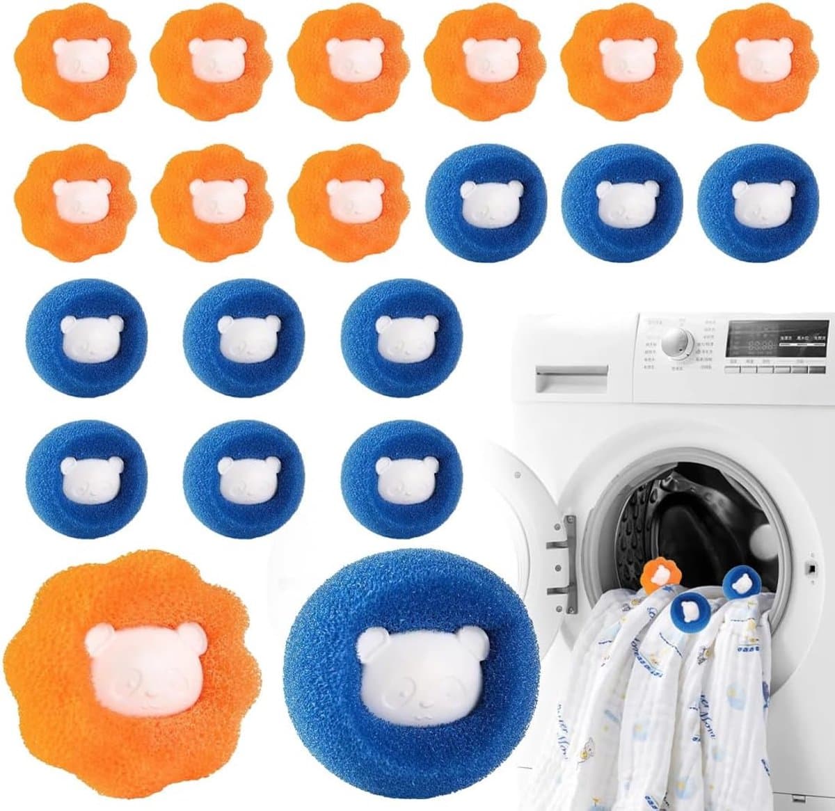 20 Stuks Pluizenverwijderaar Wasballetjes - Wasballen Versnellen Wassen & Voorkomen Klitten - Perfect voor Gezinnen & Grote Ladingen - Blauw & Oranje — afbeelding 1