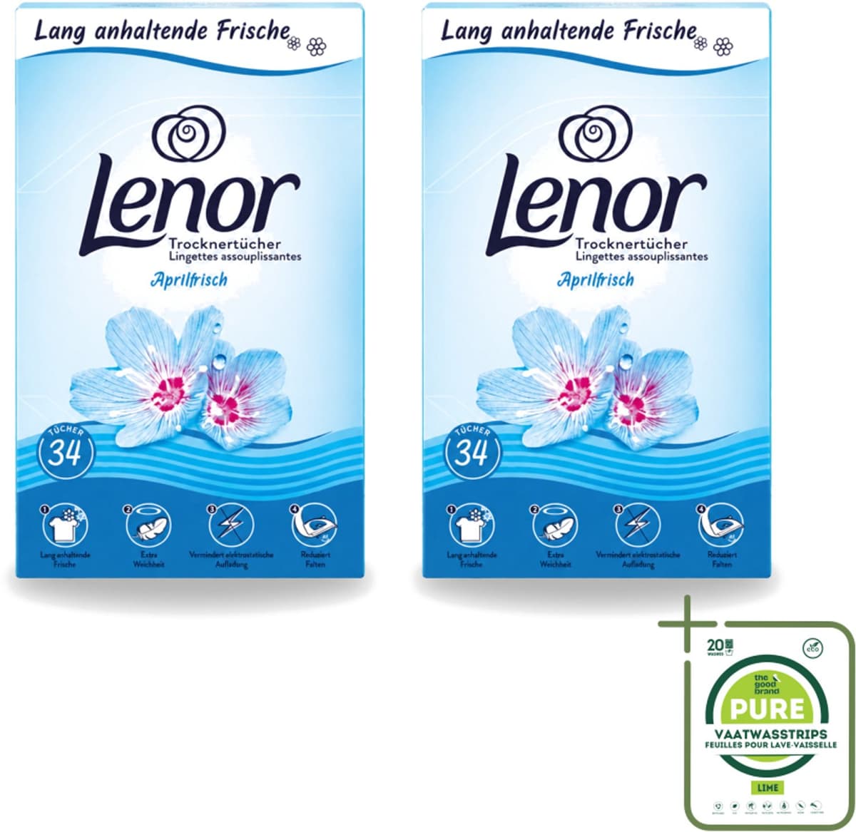 2 x Lenor - Droogtrommeldoekjes - Aprilfris - Textielverfrisser - 34 Doekjes - Grootverpakking - Vaatwasstrips - Droogtrommeldoekjes - Frisheid - Wasdoekjes - Statische Elektriciteit - Wasgoed — afbeelding 1
