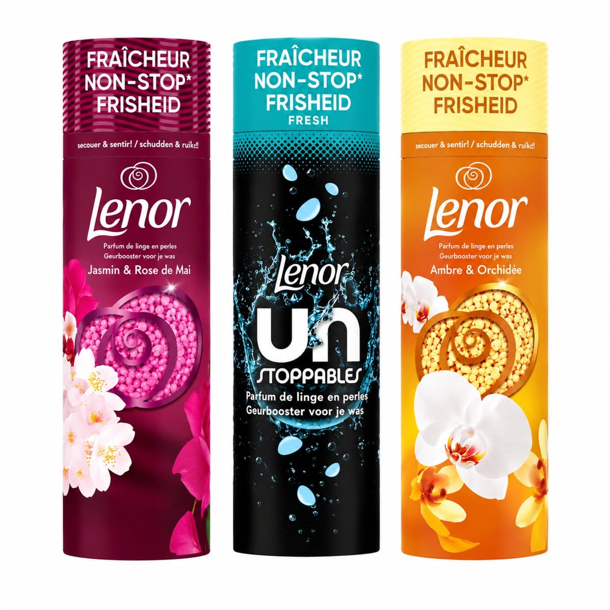 Lenor Geurbooster Geurparels Voordeelset – 3 x 240 g – Jasmin & Rose de Mai, Unstoppables Fresh & Ambre & Orchidée — afbeelding 1