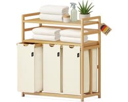 Wasmand 148L met 3 Vakken - Bamboe Wassorteerder met 2 Opbergplanken en Afneembare Waszak - 77,5 x 41,3 x 100,5 cm - Voor Badkamer, Slaapkamer en Wasruimte - Beige