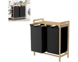 Wasmand met bamboeframe, afneembare en wasbare Oxford-stoffen zak, 2 aparte vakken, wassorteerder voor huishouden, zwart, 73 x 64 x 33,5 cm