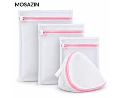 MOSAZIN Waszakken Set 4-delig – 3 Maten en BH Waszak – Wasnetten met Rits voor Lingerie, Sokken en Kleding – Wit/Roze