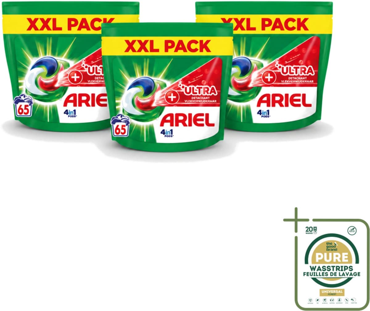 3 x Ariel – 4in1 Pods – Ultra Vlekverwijderaar – 65 wasbeurten - Wasstrips - Vlekverwijderaar Wasmiddel - Krachtige Waspods - Ariel 4in1 Pods - Ultra Vlekverwijdering - Ingedroogde Vlekken — afbeelding 1