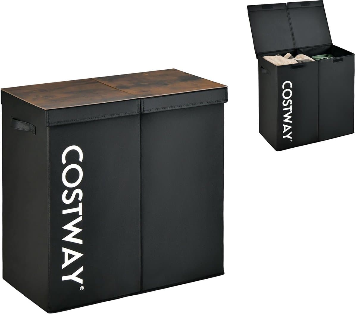 COSTWAY Wasmand met deksel, 115 liter, wasverzamelaar, 2 vakken, wasbox van vliesstof met handgrepen, 62 x 31 x 60 cm (zwart) — afbeelding 1